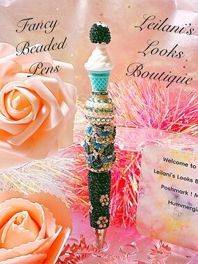 Beaded Decorative Ice Cream Pen in Aqua, Black, Pearl